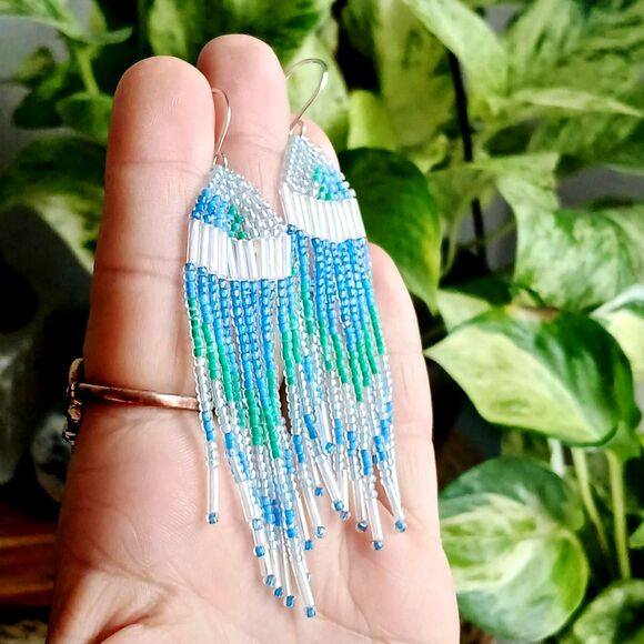 Boho Beaded Fringe Dangle Earrings, Seed Bead Jewelry, Blue & Green, 3.5" - Picture 6 of 8